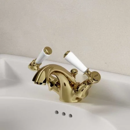 Linton Deck Mounted Monobloc Basin Mixer with Pop Up Waste - White Lever - Timeless Brass