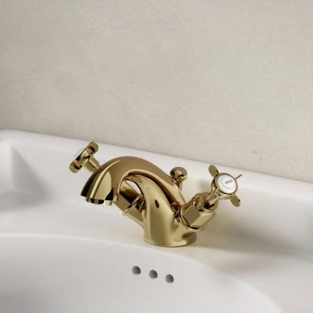 Linton Classic Monobloc Basin Mixer with Pop Up Waste & Crossheads - Timeless Brass