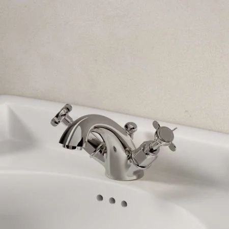 Linton Deck Mounted Monobloc Basin Mixer with Pop Up Waste - Crosshead - Polished Nickel