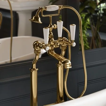 Linton Classic Floor Mounted 2 Hole Bath Shower Mixer with 620mm Standpipes - White Lever - Living Brass