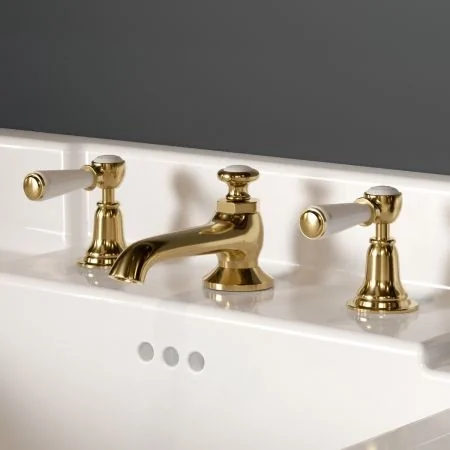 Linton Classic Deck Mounted 3 Hole Basin Mixer with Pop Up Waste - White Lever & Ceramics - Timeless Brass