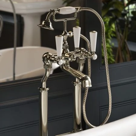 Linton Classic Floor Mounted 2 Hole Bath Shower Mixer with 620mm Standpipes - White Lever - Polished Nickel