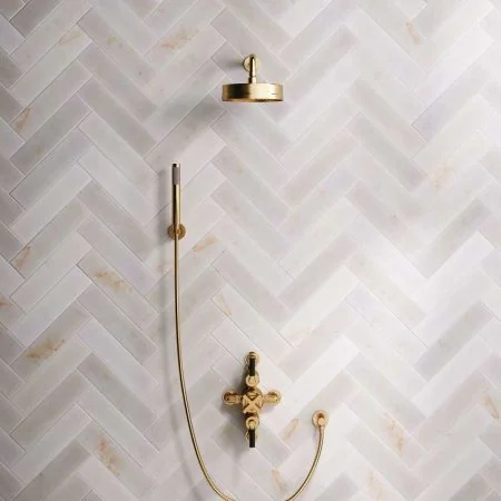 Bayor Dual Outlet Semi Exposed Shower with Handshower Hook, 300mm Wall Arm, 8" Rose & Black Levers in Brushed Brass