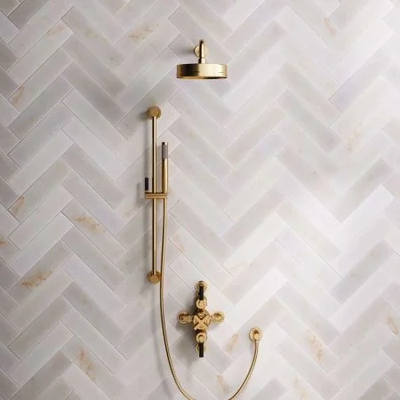 Bayor Dual Outlet Semi Exposed Shower with Slider Rail, 500mm Wall Arm, 8" Rose & Black Levers in Brushed Brass