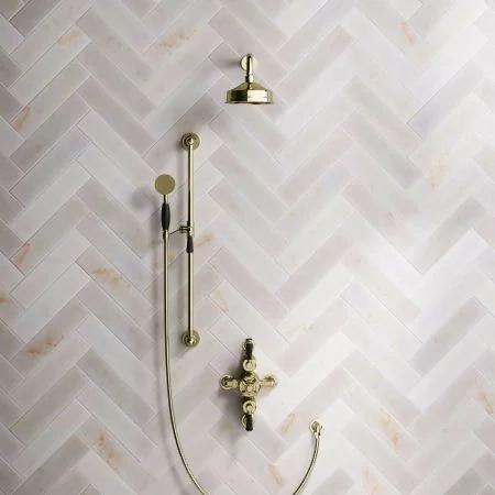 Linton Dual Outlet Shower Kit - Semi-Exposed Valve - 6 inch Rose - Black Ceramic Lever - Handshower Slider-Rail - Timeless Brass