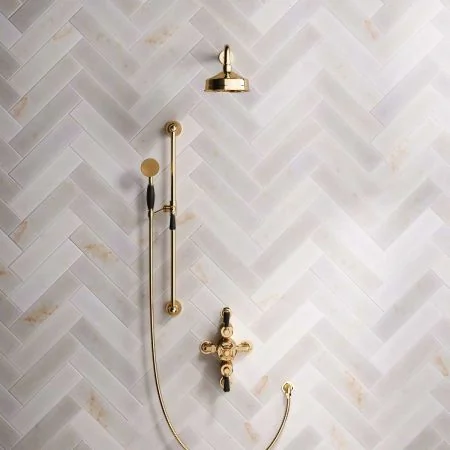 Linton Dual Outlet Shower Kit - Semi-Exposed Valve - 6 inch Rose - Black Ceramic Lever - Handshower Slider-Rail - Living Brass