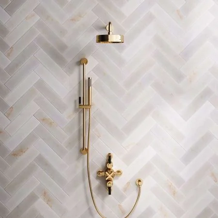 Bayor Dual Outlet Semi Exposed Shower with Slider Rail, 500mm Wall Arm, 8" Rose & Black Levers in Living Brass