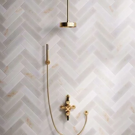 Bayor Dual Outlet Semi Exposed Shower with Handshower Hook, 210mm Ceiling Arm, 8" Rose & Black Levers in Living Brass