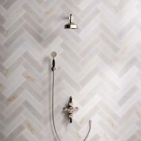 Linton Dual Outlet Semi Exposed Shower with Handshower Hook. 500mm Wall Arm, 6" Rose & Black Levers in Polished Nickel
