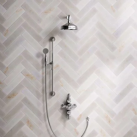 Linton Dual Outlet Semi Exposed Shower with Slider Rail, 300mm Wall Arm, 8" Rose & Metal Levers in Chrome