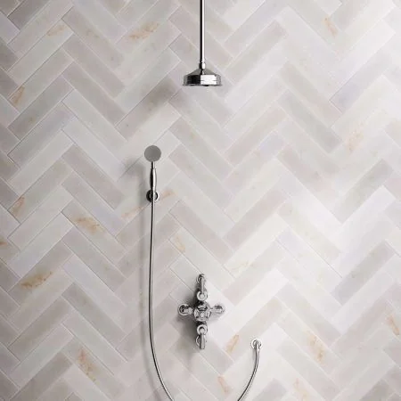 Linton Dual Outlet Semi Exposed Shower with Handshower Hook, 210mm Ceiling Arm, 6" Rose & White Levers in Chrome