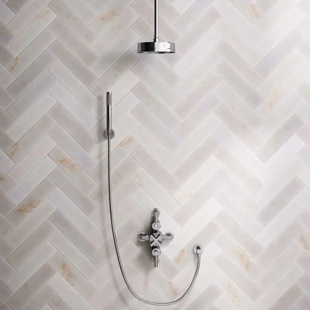 Bayor Dual Outlet Semi Exposed Shower with Handshower Hook, 210mm Ceiling Arm, 8" Rose & Metal Levers in Chrome