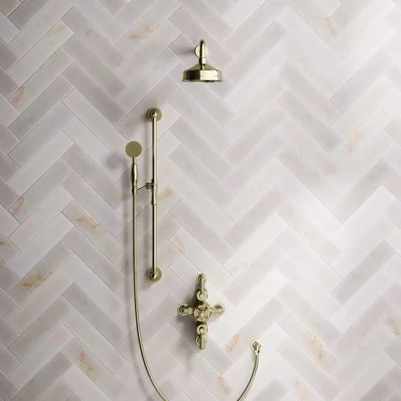 Linton Dual Outlet Shower Kit - Semi-Exposed Valve - 6 inch Rose - 500mm Shower Arm - Metal Lever - Handshower Slider-Rail - Timeless Brass