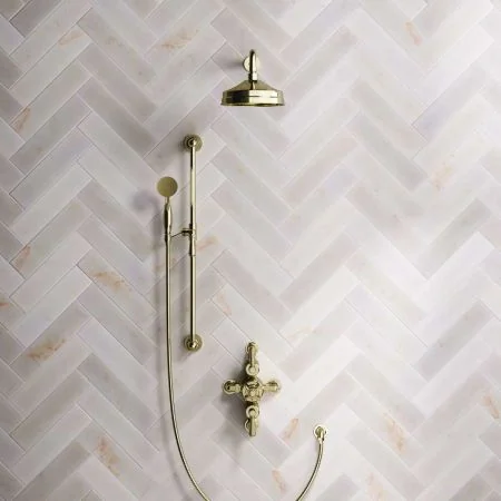 Linton Dual Outlet Shower Kit - Semi-Exposed Valve - 8 inch Rose - 500mm Shower Arm - Metal Lever - Handshower Slider-Rail - Timeless Brass
