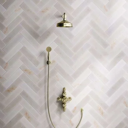 Linton Dual Outlet Shower Kit - Semi-Exposed Valve - 8 inch Rose - 500mm Shower Arm - Metal Lever - Handshower Hook - Timeless Brass