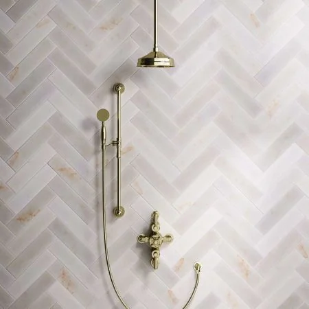 Linton Dual Outlet Shower Kit - Semi-Exposed Valve - 8 inch Rose - Metal Lever - Handshower Slider-Rail - Ceiling Mounted Rose - Timeless Brass