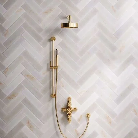 Bayor Dual Outlet Semi Exposed Shower with Slider Rail, 300mm Wall Arm, 8" Rose & Metal Levers in Living Brass