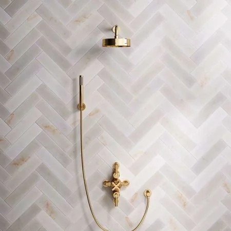 Bayor Dual Outlet Semi Exposed Shower with Handshower Hook, 300mm Wall Arm, 8" Rose & Metal Levers in Living Brass