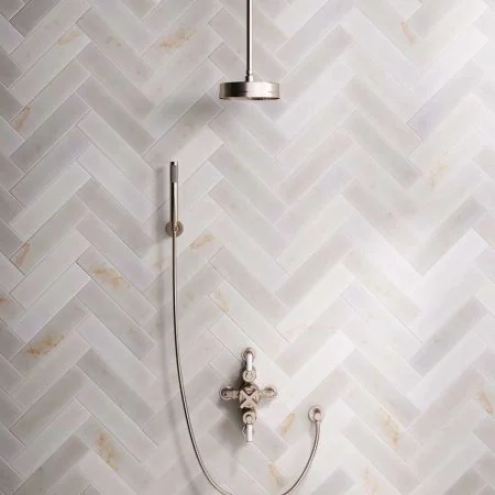 Bayor Dual Outlet Semi Exposed Shower with Handshower Hook, 210mm Ceiling Arm, 8" Rose & White Levers in Brushed Nickel