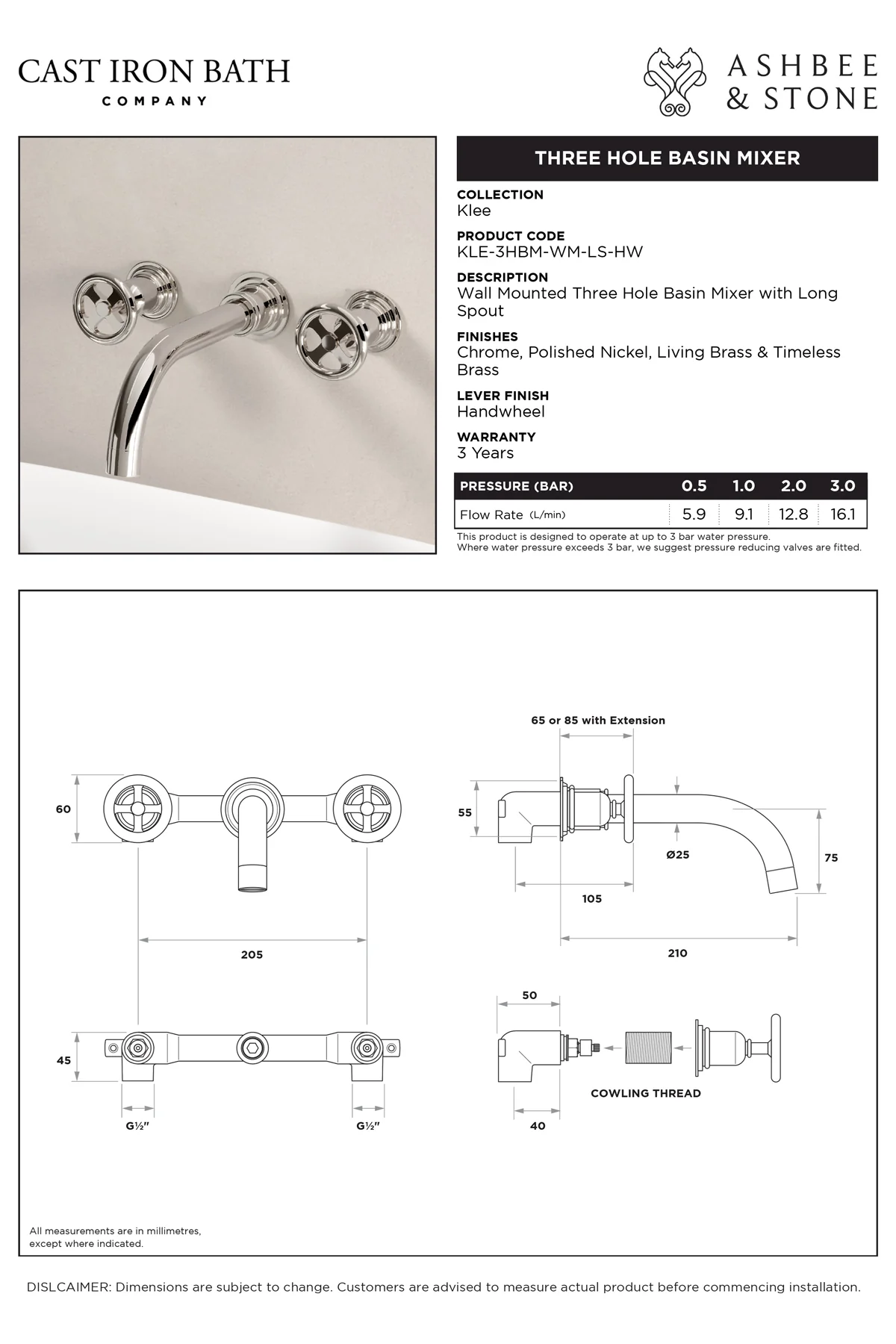 View Klee Wall Mounted Three Hole Basin Mixer specification