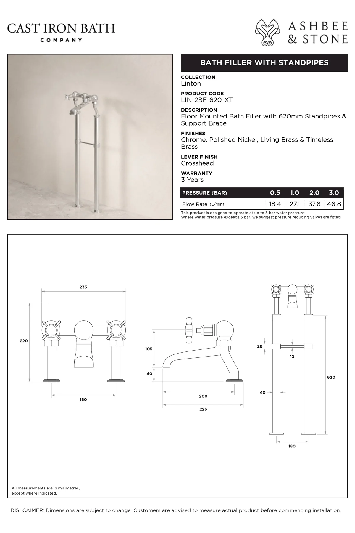 View Linton Bath Filler with 620mm Standpipes specification}}