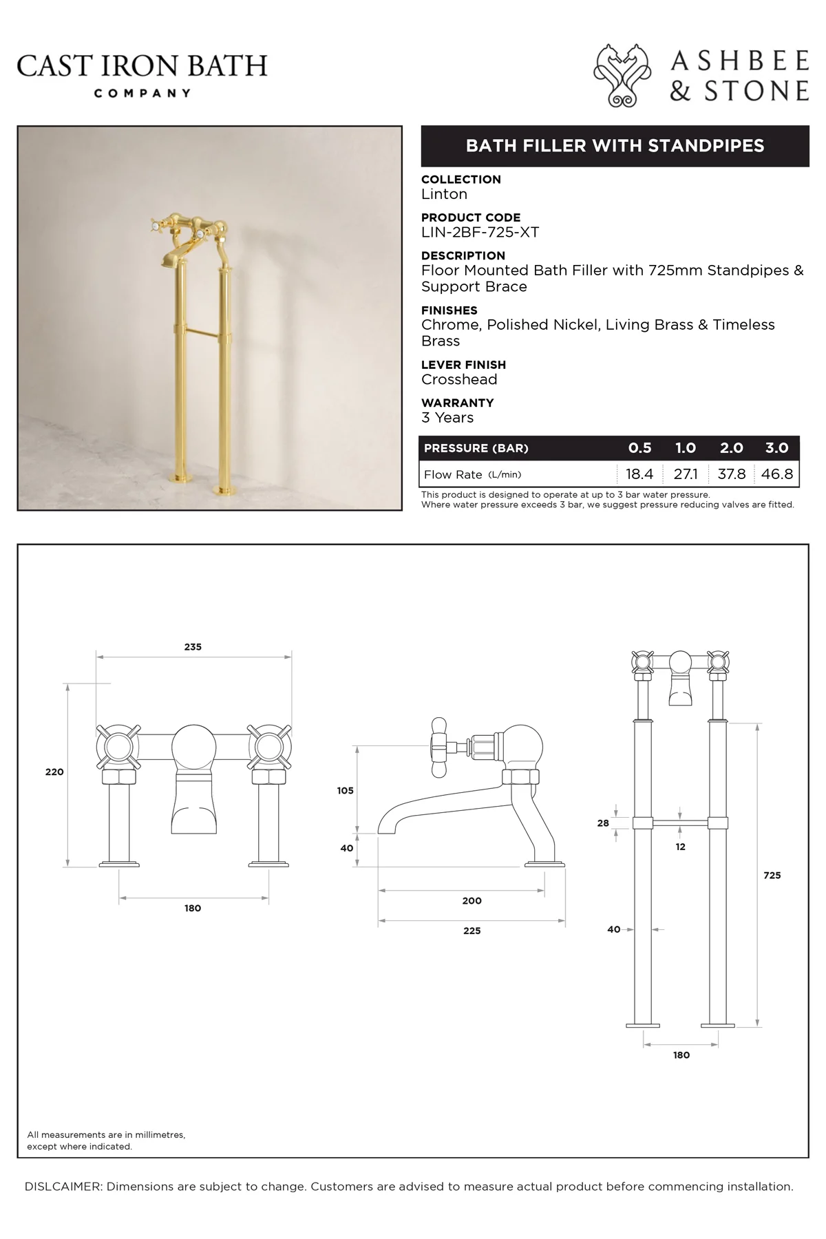 View Linton Bath Filler with 725mm Standpipes specification}}