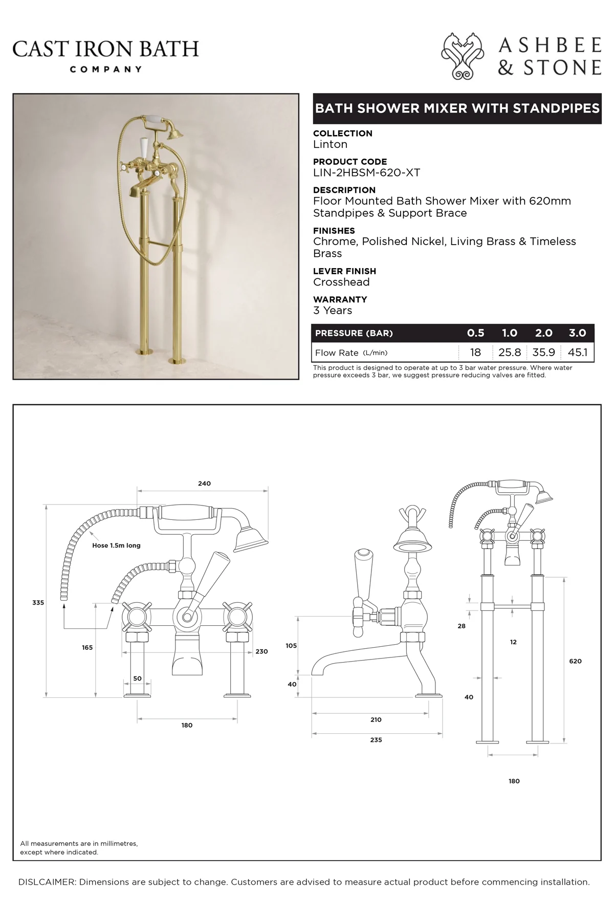 View Linton Bath Shower Mixer with 620mm Standpipes specification}}