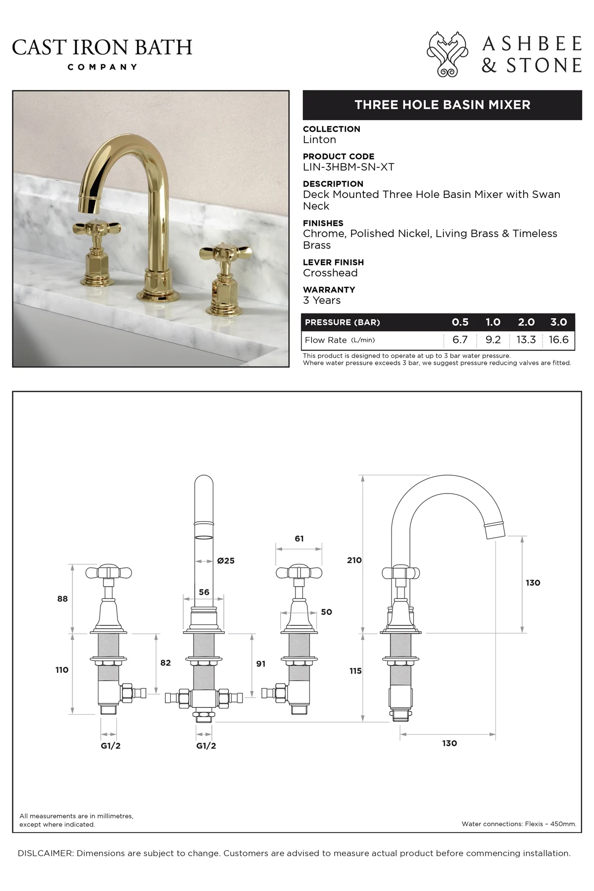 View Linton Three Hole Swan Neck Basin Mixer specification