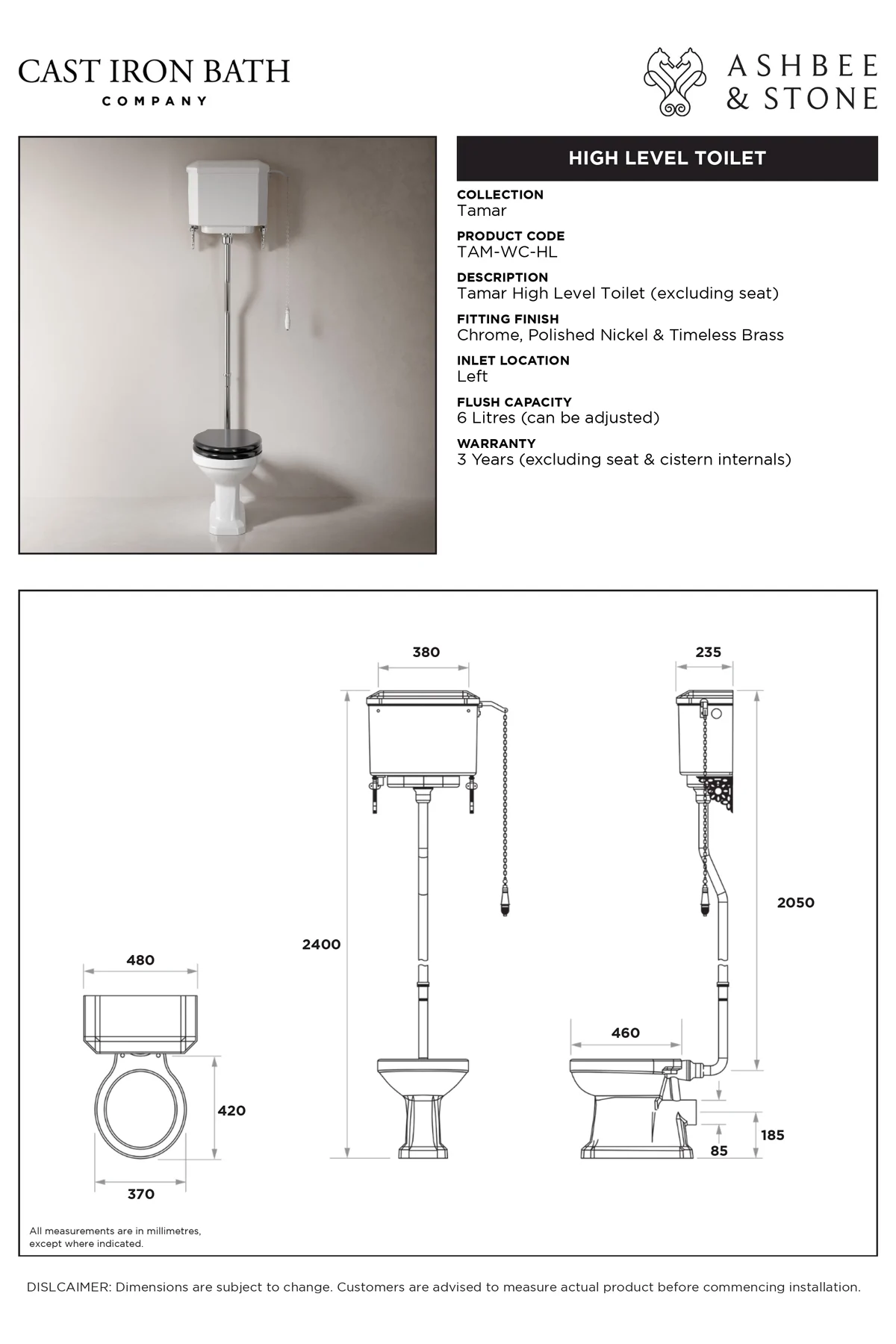 View Tamar High Level Toilet specification